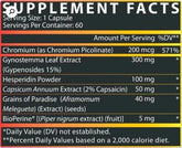 Supplement facts of Nutrex Lipo 6 Black Stim Free showing non-stimulant fat-burning ingredients and dosage per serving